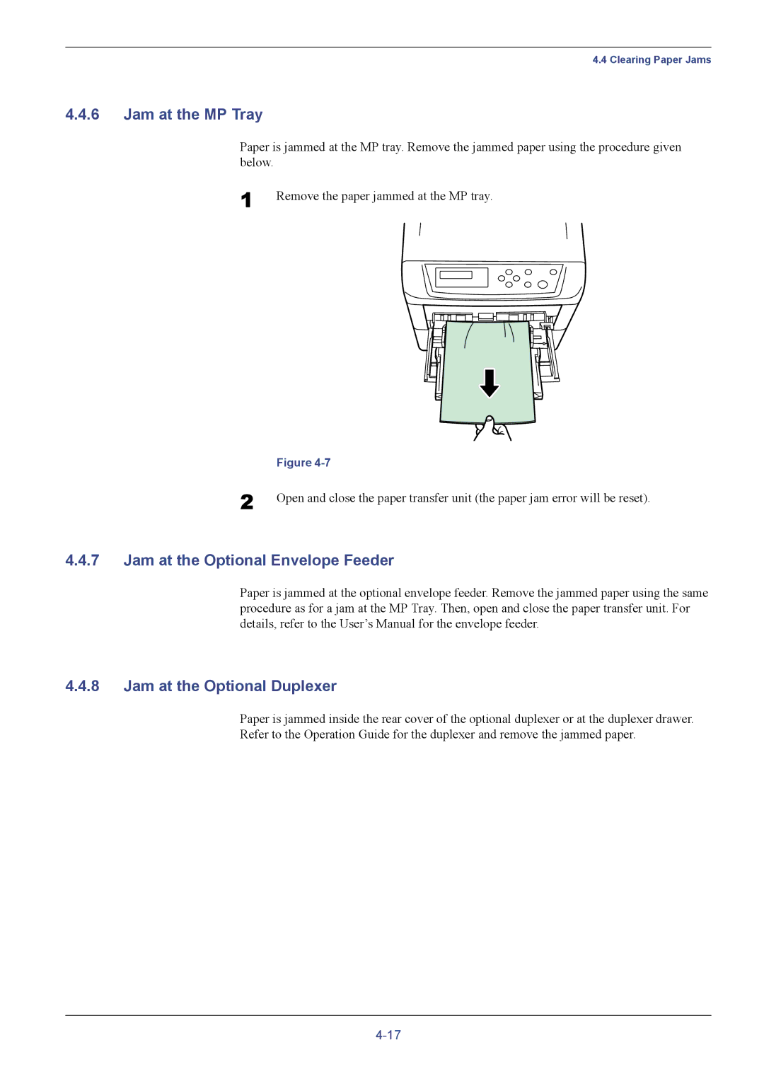 Kyocera FS-C5016N manual Jam at the MP Tray, Jam at the Optional Envelope Feeder, Jam at the Optional Duplexer 