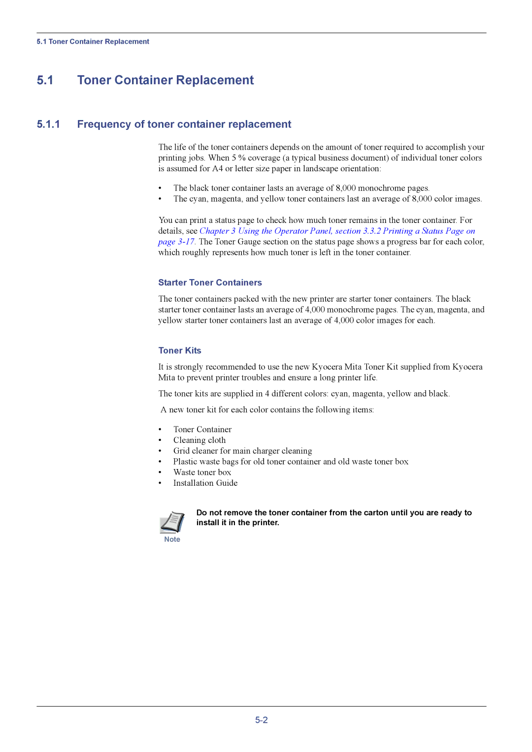 Kyocera FS-C5016N manual Toner Container Replacement, Frequency of toner container replacement, Starter Toner Containers 