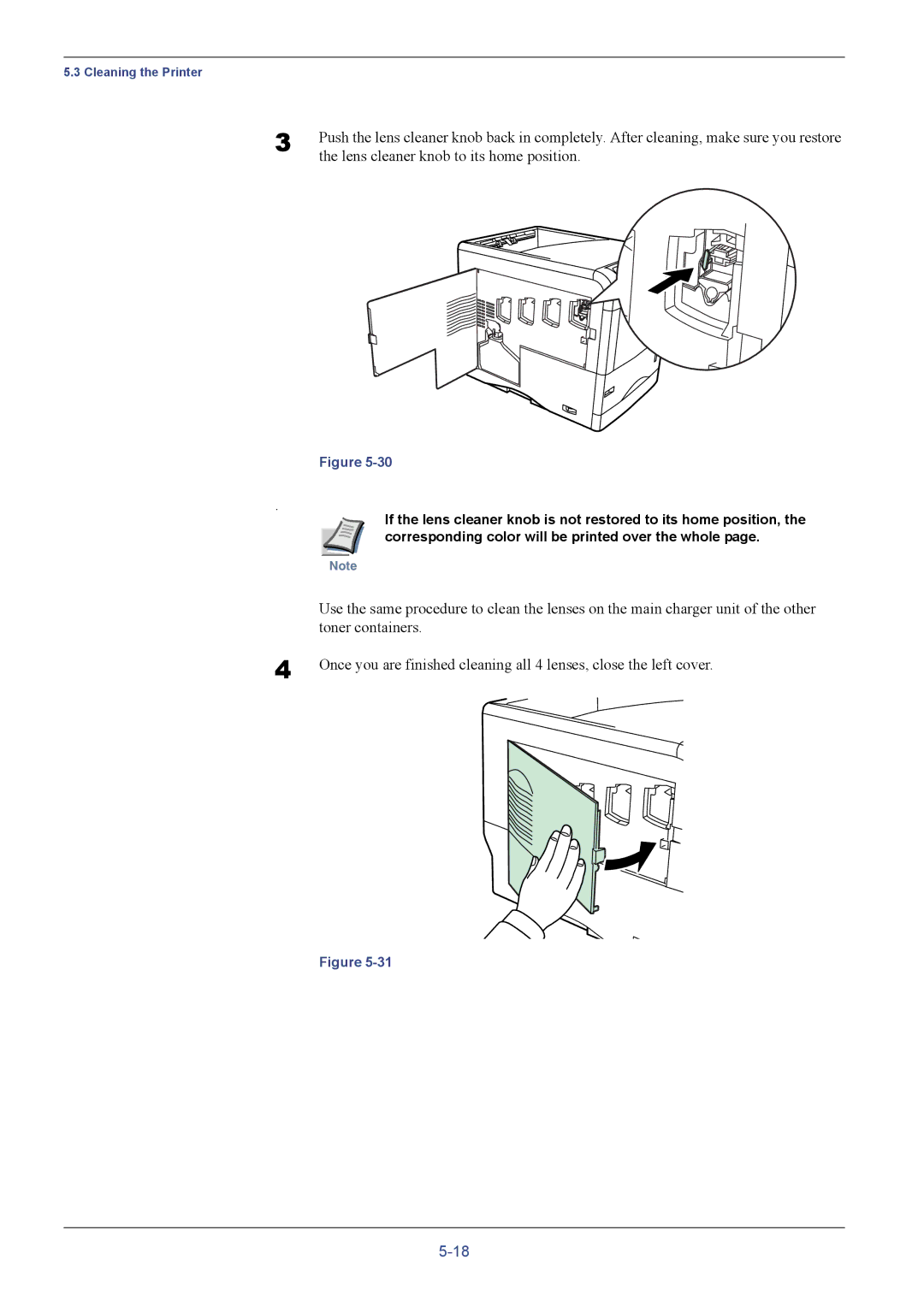 Kyocera FS-C5016N manual Lens cleaner knob to its home position, Corresponding color will be printed over the whole 