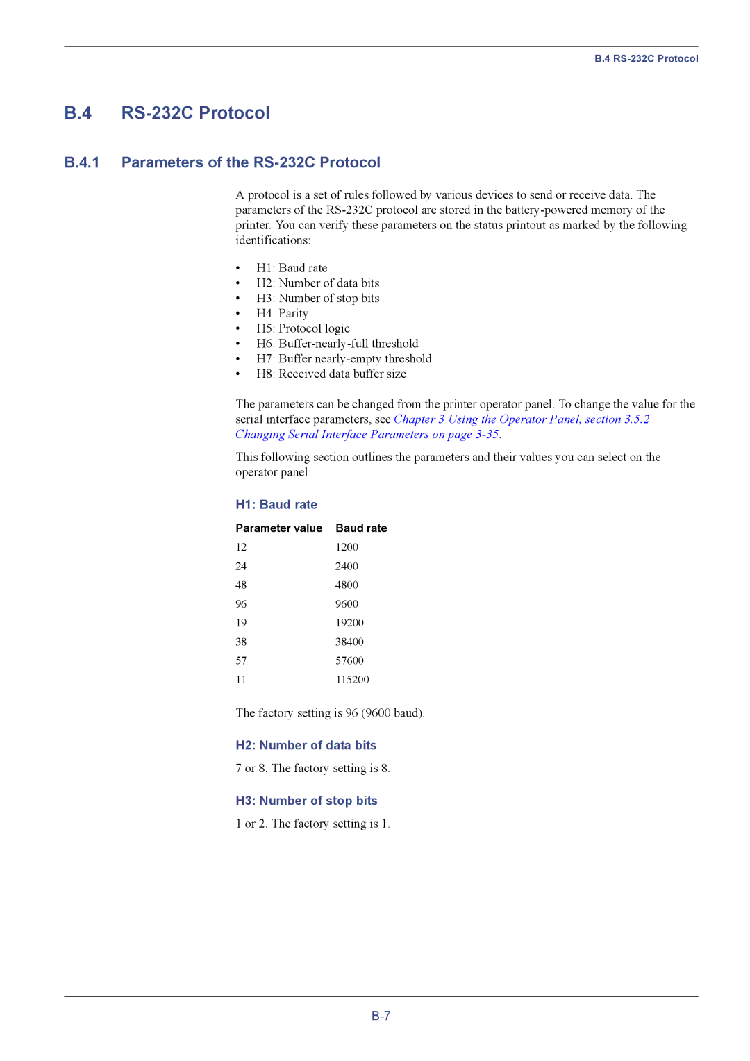 Kyocera FS-C5016N Parameters of the RS-232C Protocol, H1 Baud rate, H2 Number of data bits, H3 Number of stop bits 