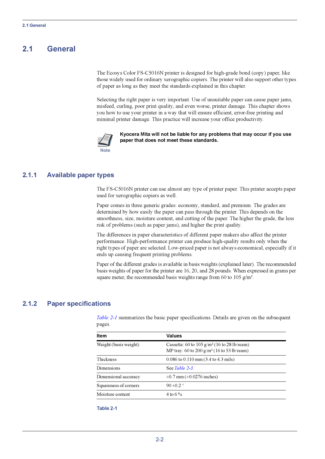 Kyocera FS-C5016N manual General, Available paper types, Paper specifications, Values 