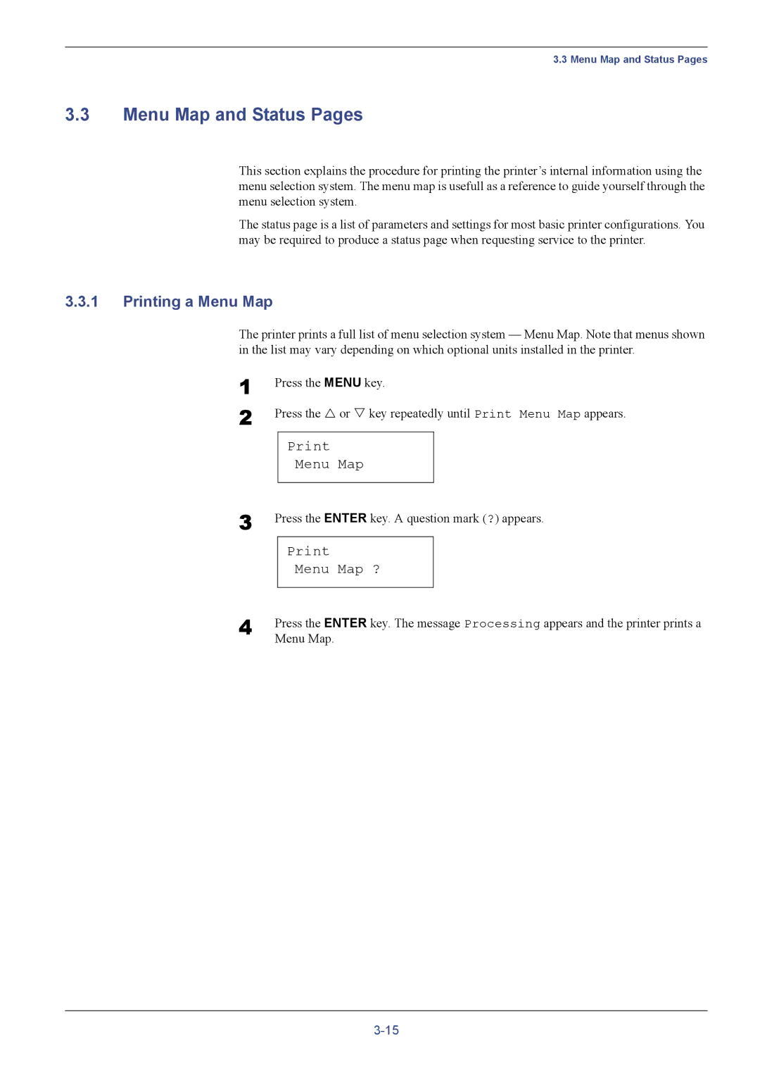 Kyocera FS-C5016N manual Menu Map and Status Pages, Printing a Menu Map, Print Menu Map ? 