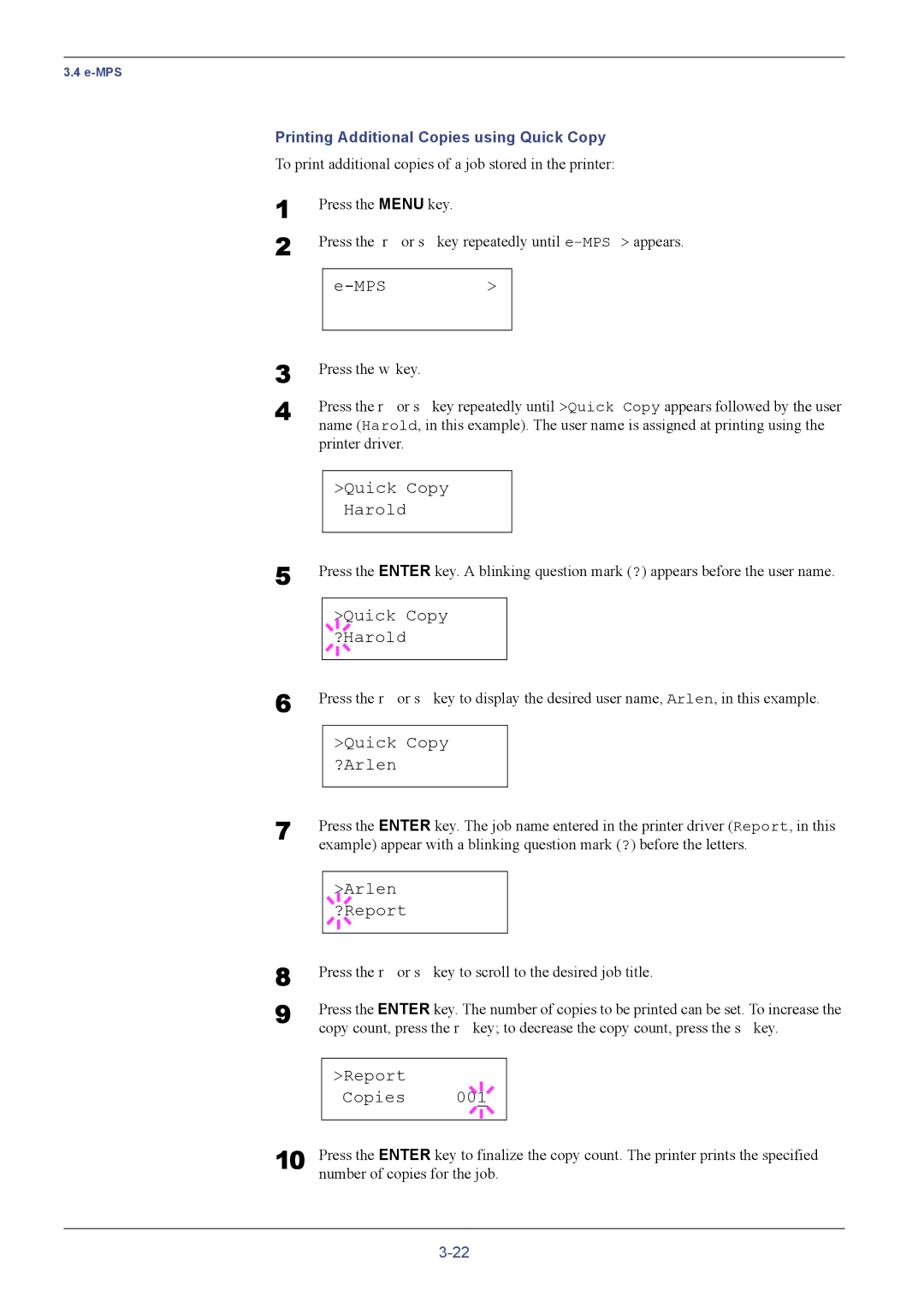 Kyocera FS-C5016N manual Mps, Quick Copy Harold, Quick Copy ?Harold, Quick Copy ?Arlen, Arlen ?Report, Report Copies 001 