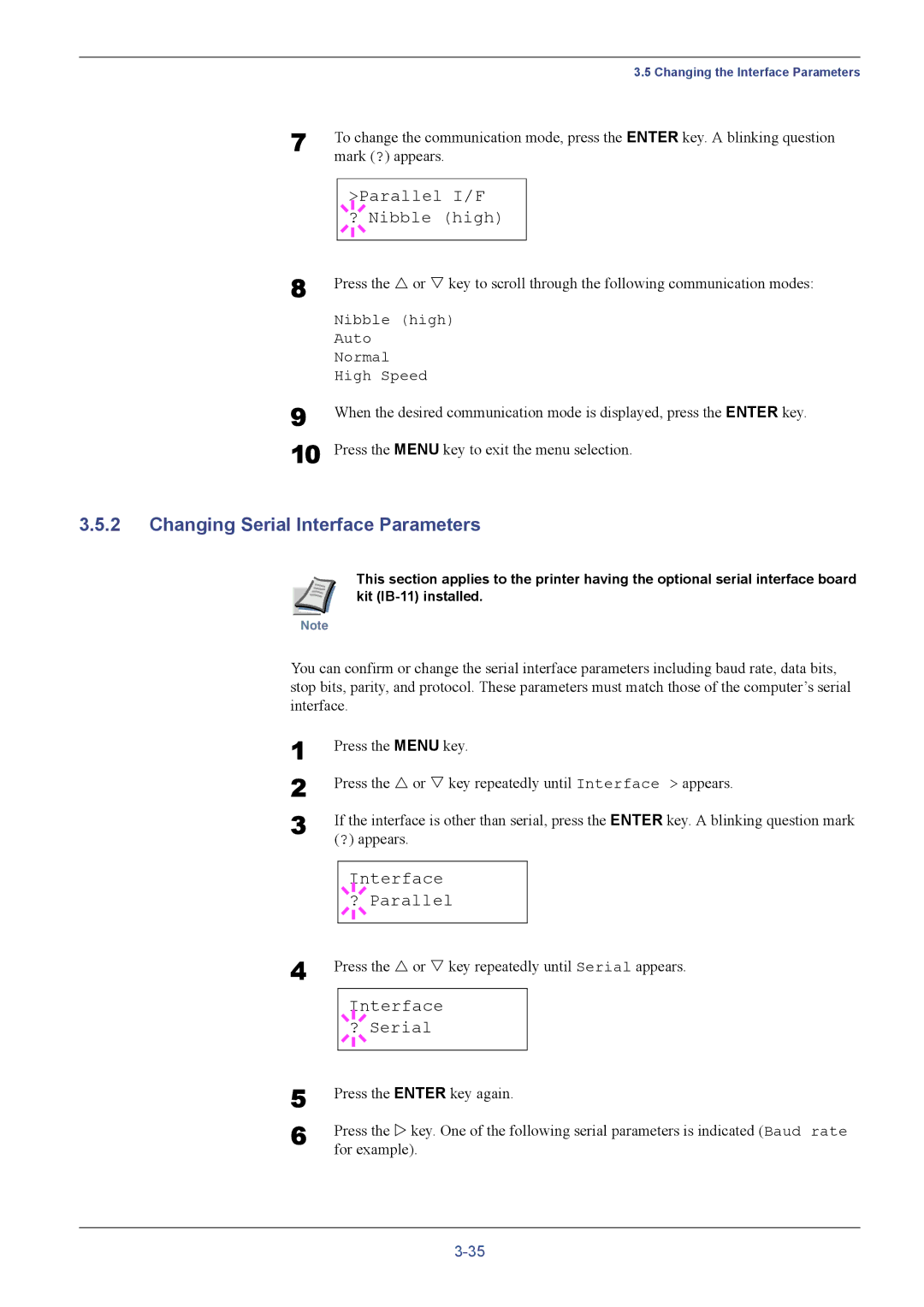 Kyocera FS-C5016N manual Changing Serial Interface Parameters, Parallel I/F ? Nibble high, Mark ? appears 