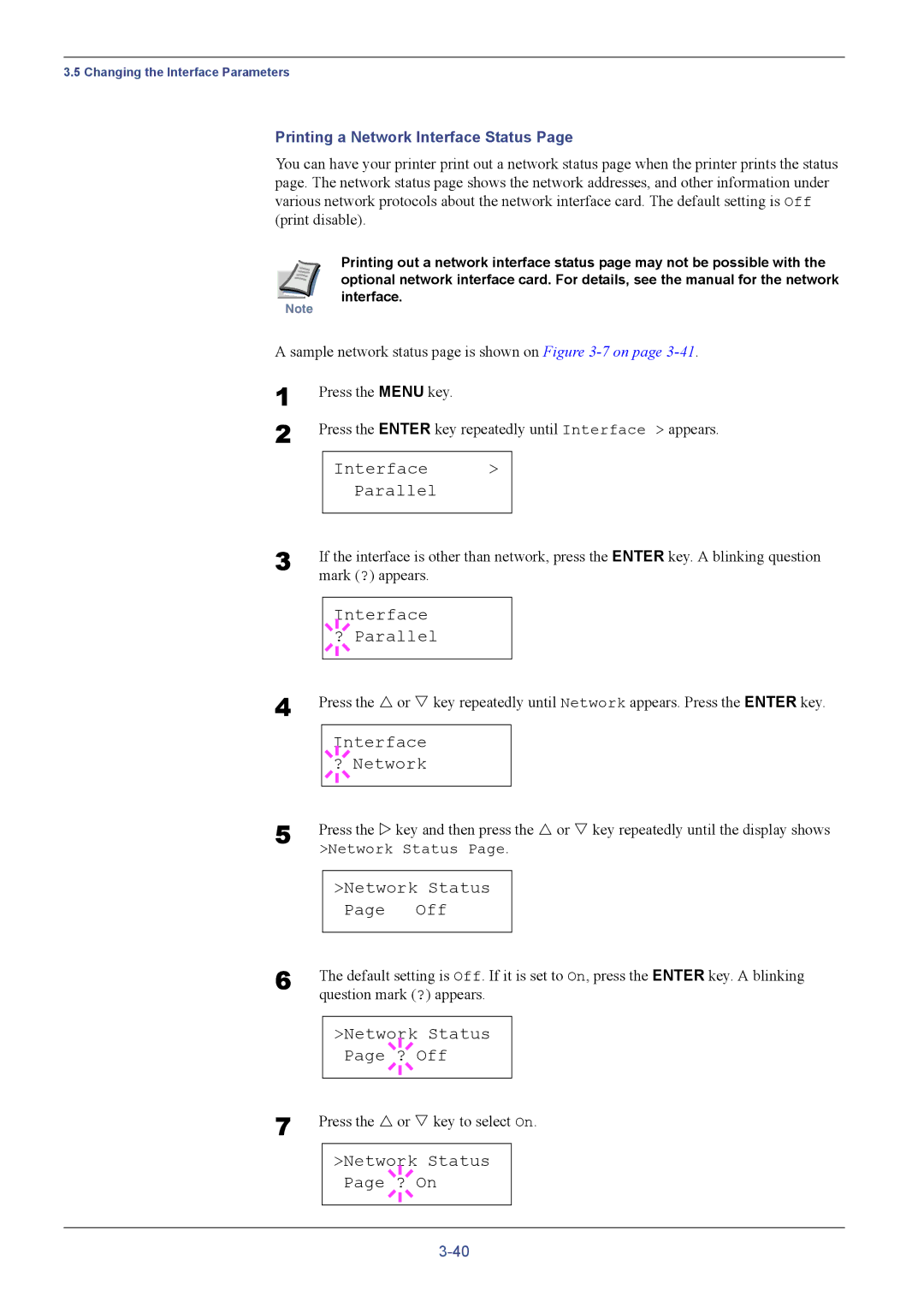 Kyocera FS-C5016N Interface Parallel, Network Status Off, Status ? Off, Status ? On, Printing a Network Interface Status 