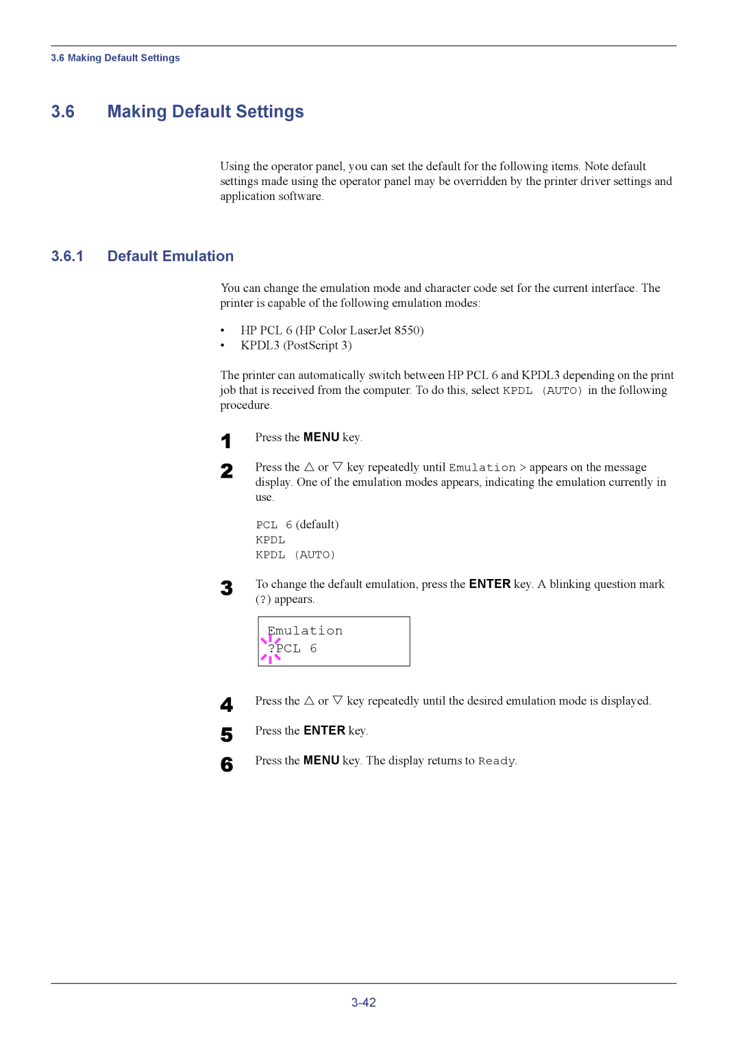 Kyocera FS-C5016N manual Making Default Settings, Default Emulation, Emulation ?PCL 