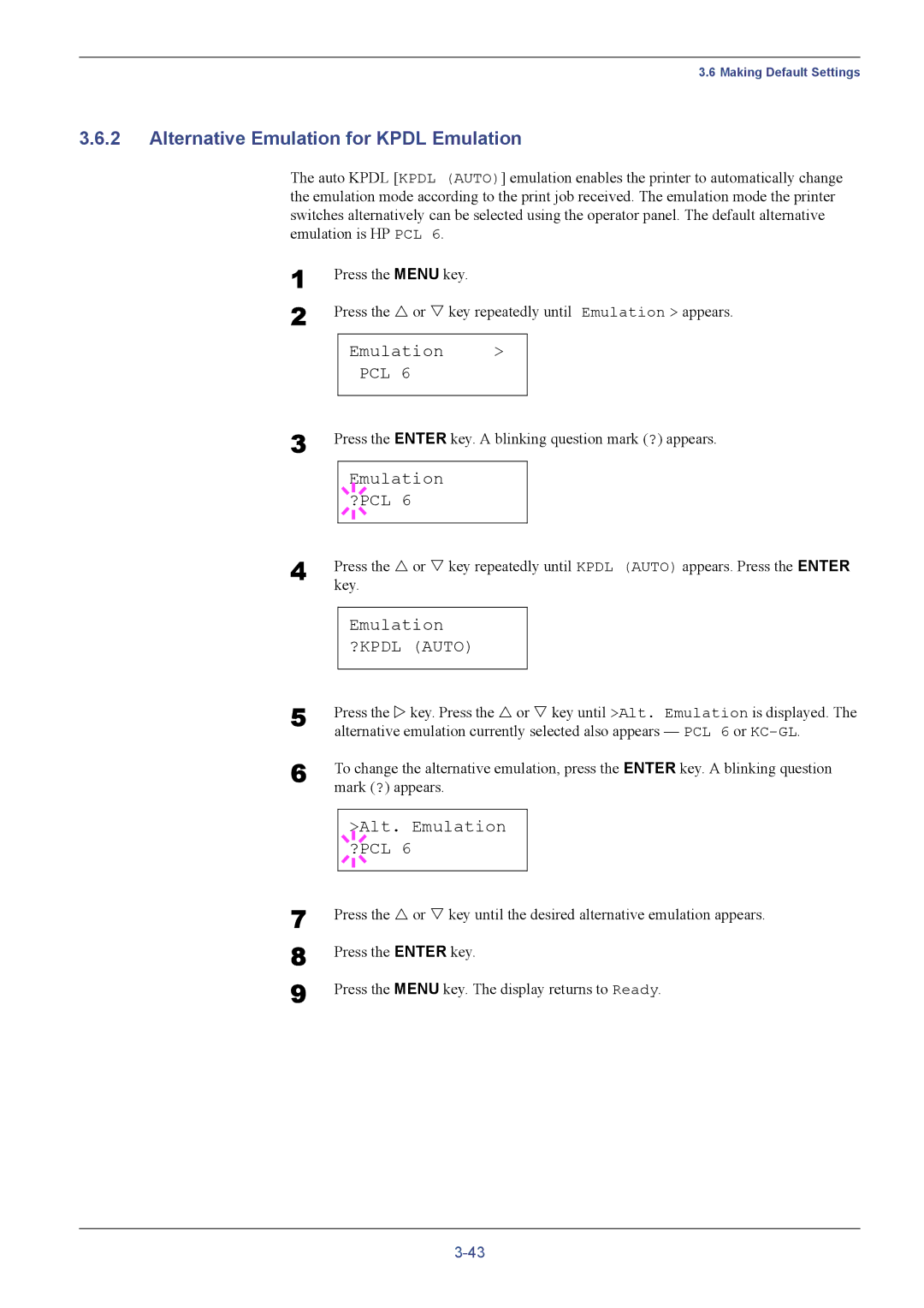 Kyocera FS-C5016N manual Alternative Emulation for Kpdl Emulation, Alt. Emulation ?PCL, Key 