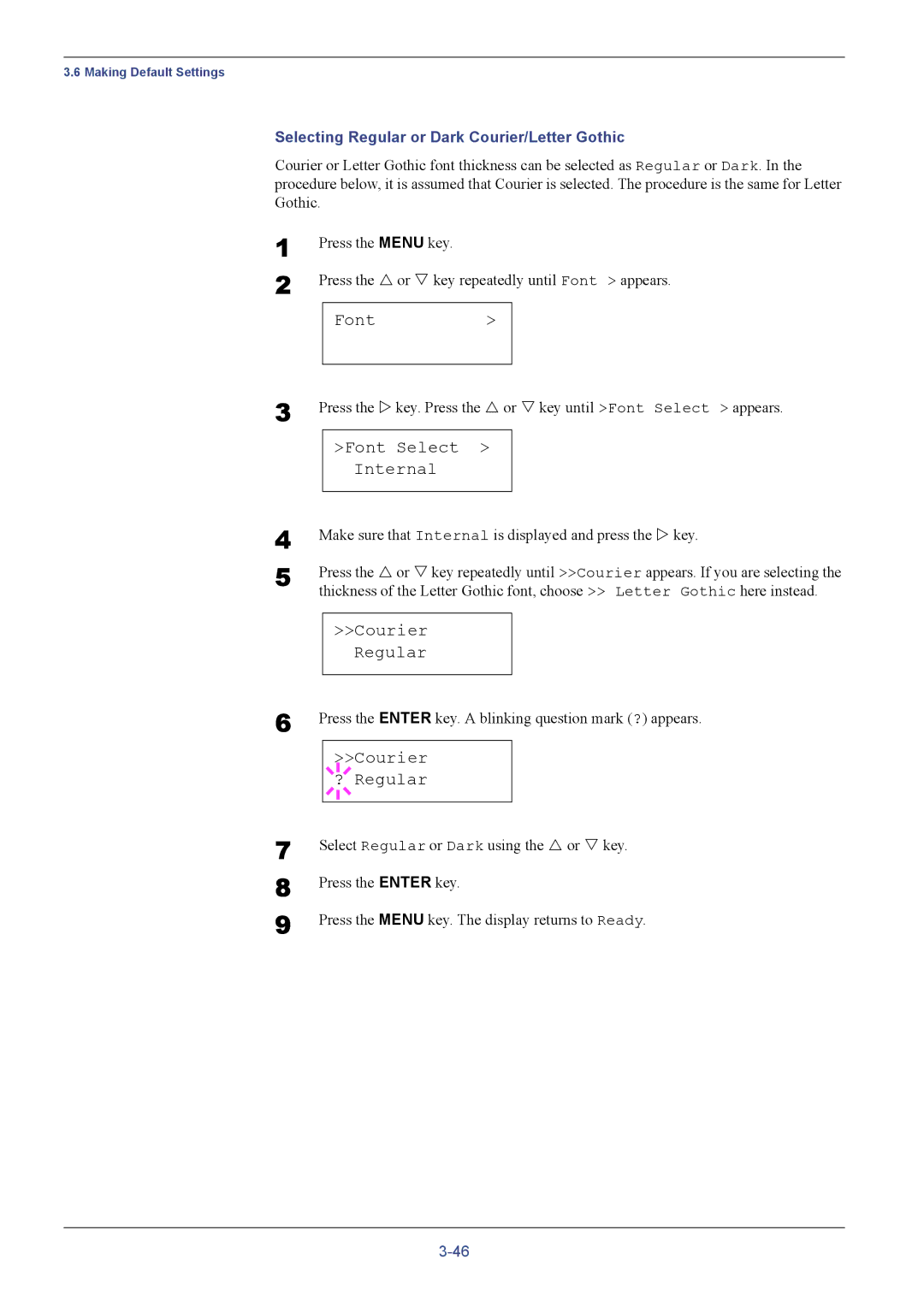 Kyocera FS-C5016N manual Courier Regular, Selecting Regular or Dark Courier/Letter Gothic 