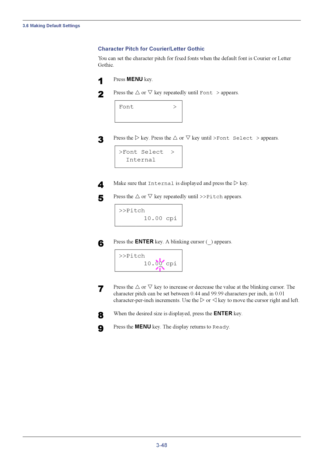 Kyocera FS-C5016N manual Pitch 10.00 cpi, Pitch 10.0 Cpi, Character Pitch for Courier/Letter Gothic 