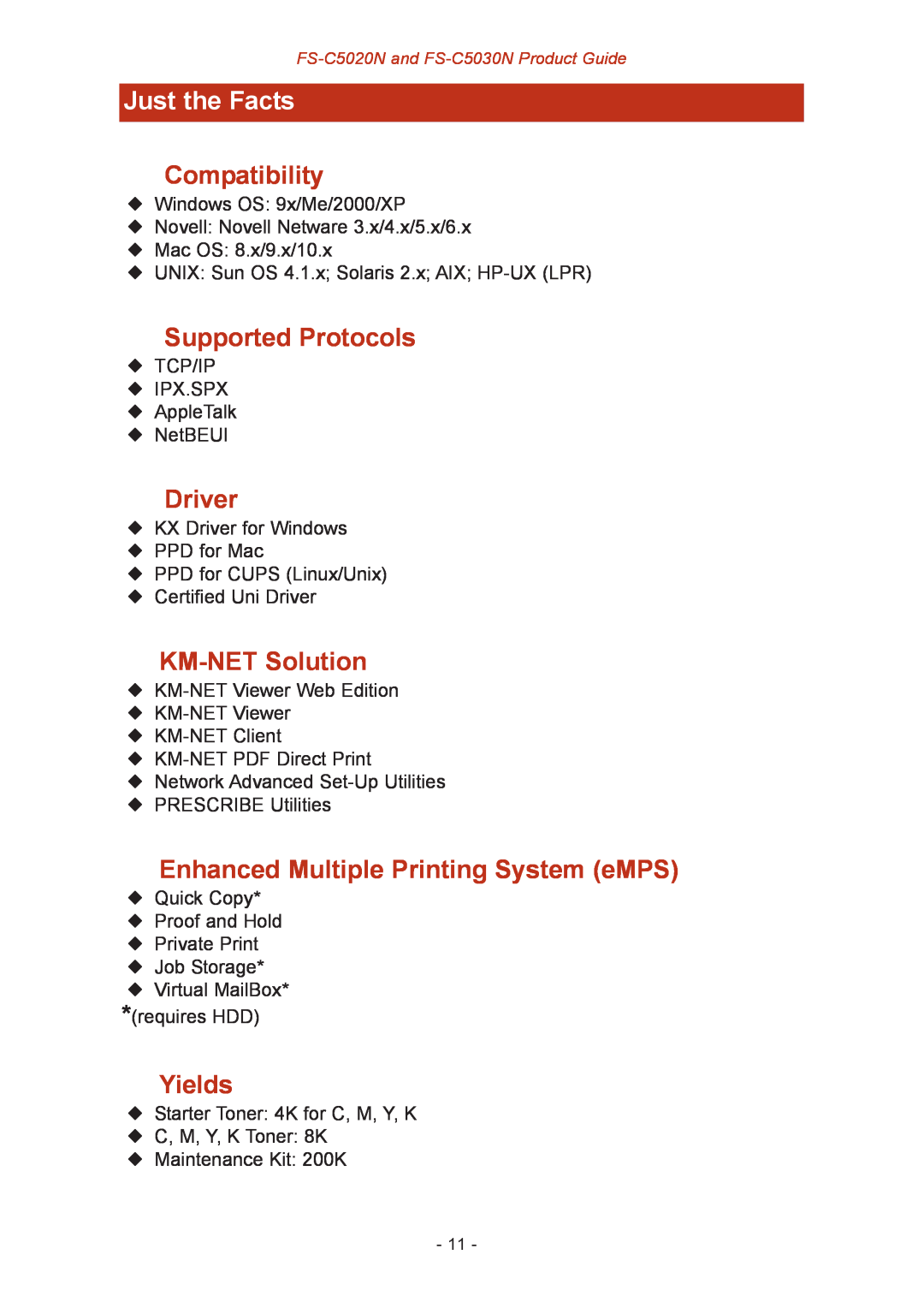 Kyocera FS-C5030N Compatibility, Supported Protocols, Driver, KM-NET Solution, Enhanced Multiple Printing System eMPS 