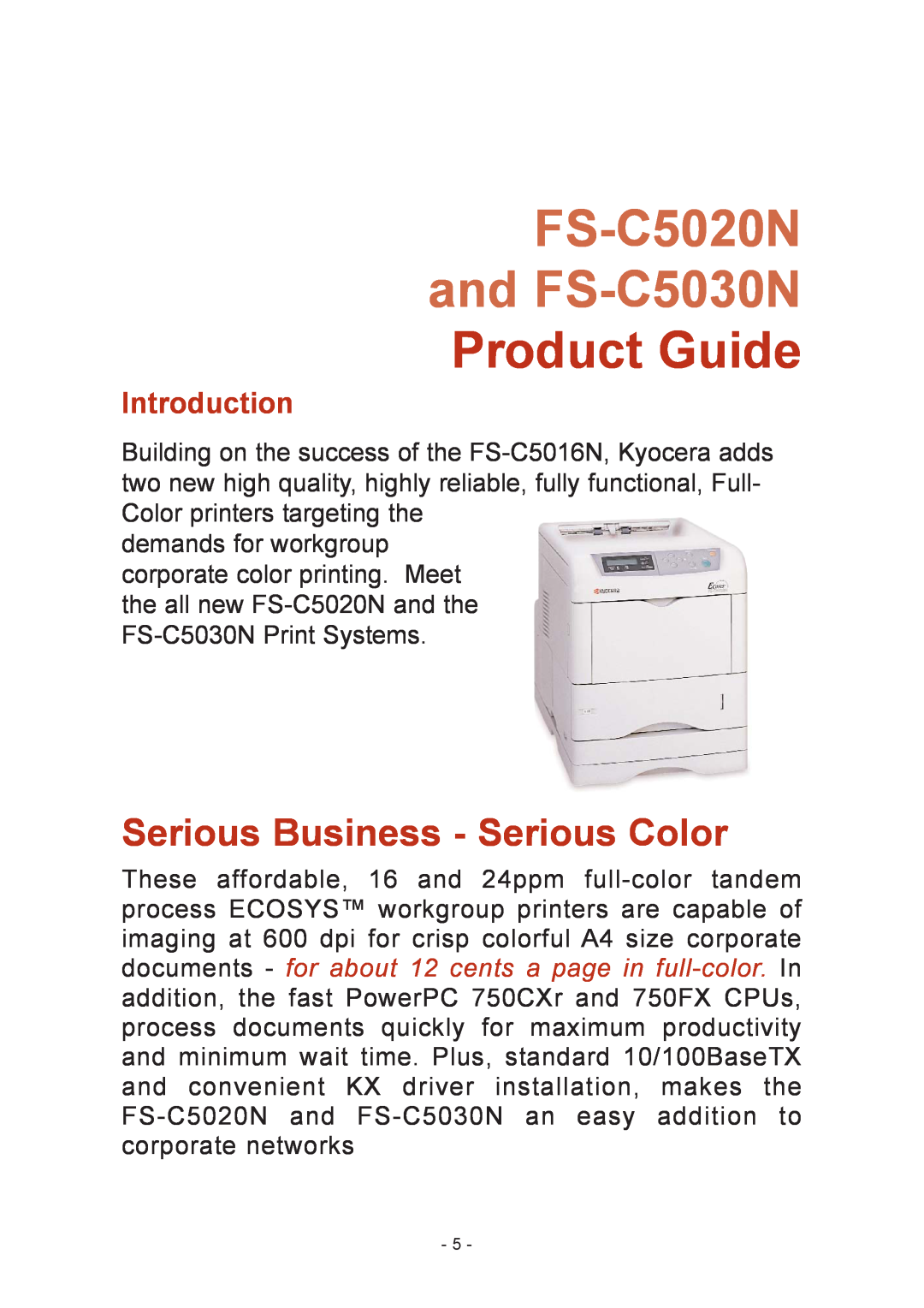 Kyocera manual Product Guide, FS-C5020N and FS-C5030N, Serious Business - Serious Color, Introduction 