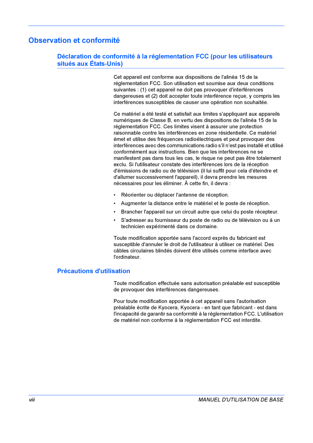 Kyocera FS-C5020N manuel dutilisation Observation et conformité, Précautions dutilisation, Viii 