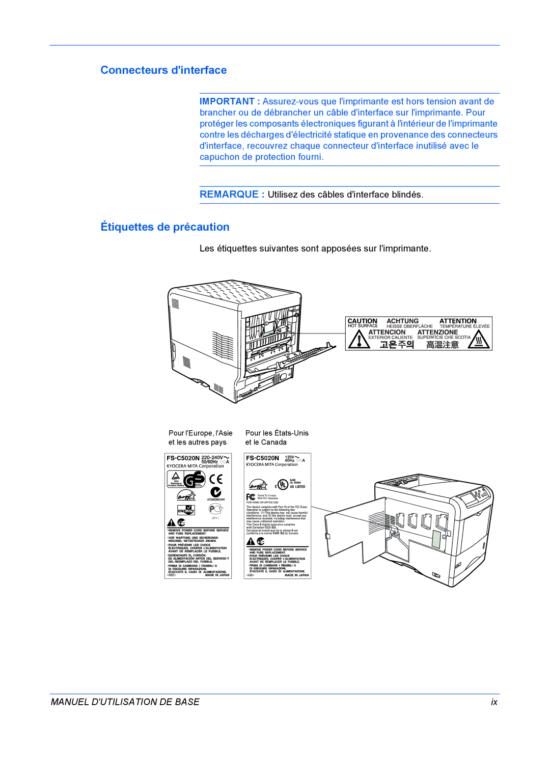 Kyocera FS-C5020N manuel dutilisation Connecteurs dinterface, Étiquettes de précaution 