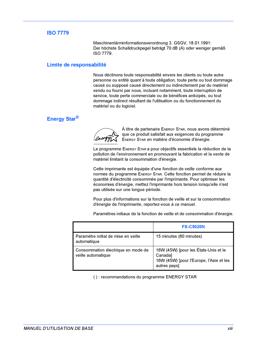 Kyocera FS-C5020N manuel dutilisation Iso, Limite de responsabilité, Energy Star, Xiii 