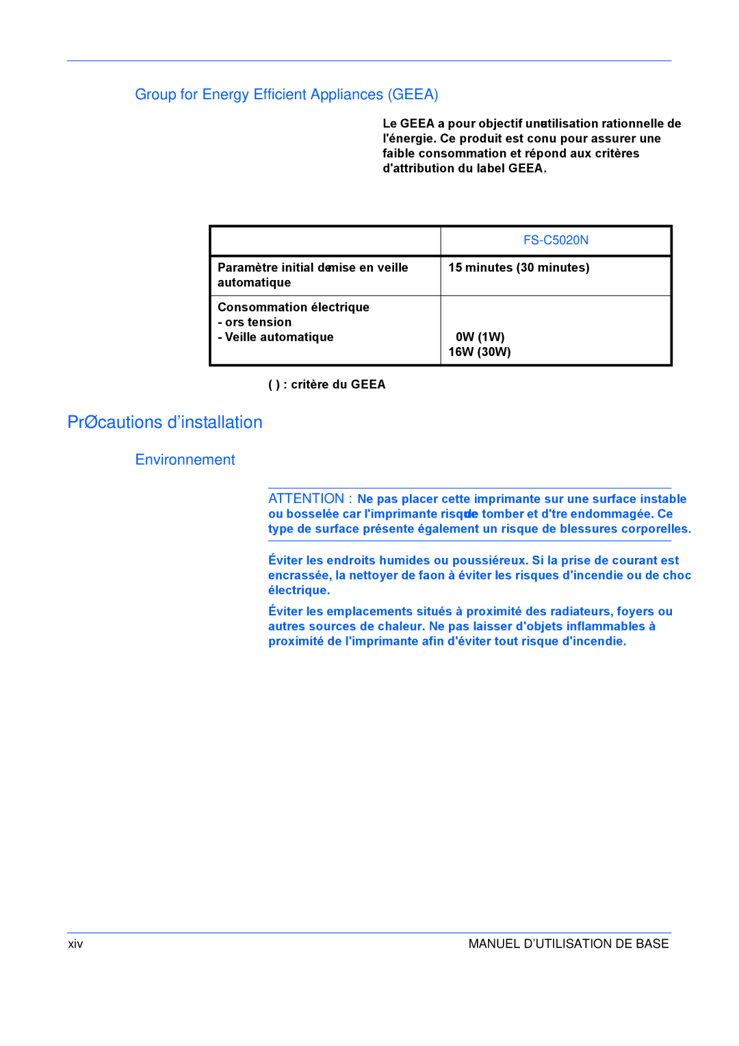 Kyocera FS-C5020N Précautions dinstallation, Group for Energy Efficient Appliances Geea, Environnement, Xiv 