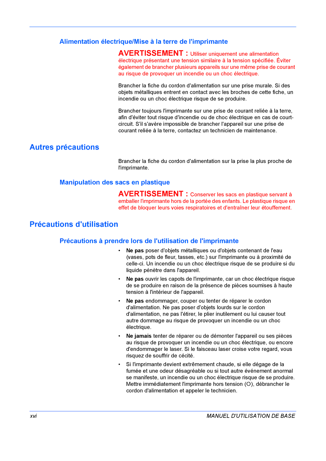 Kyocera FS-C5020N Autres précautions, Précautions dutilisation, Alimentation électrique/Mise à la terre de limprimante 