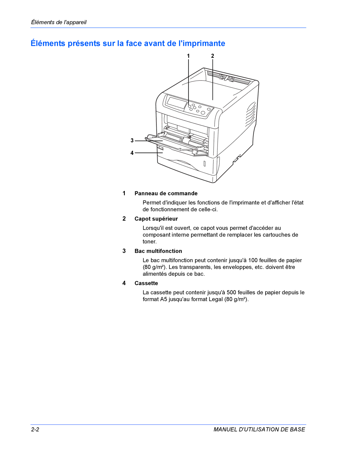 Kyocera FS-C5020N Éléments présents sur la face avant de limprimante, Panneau de commande, Capot supérieur, Cassette 