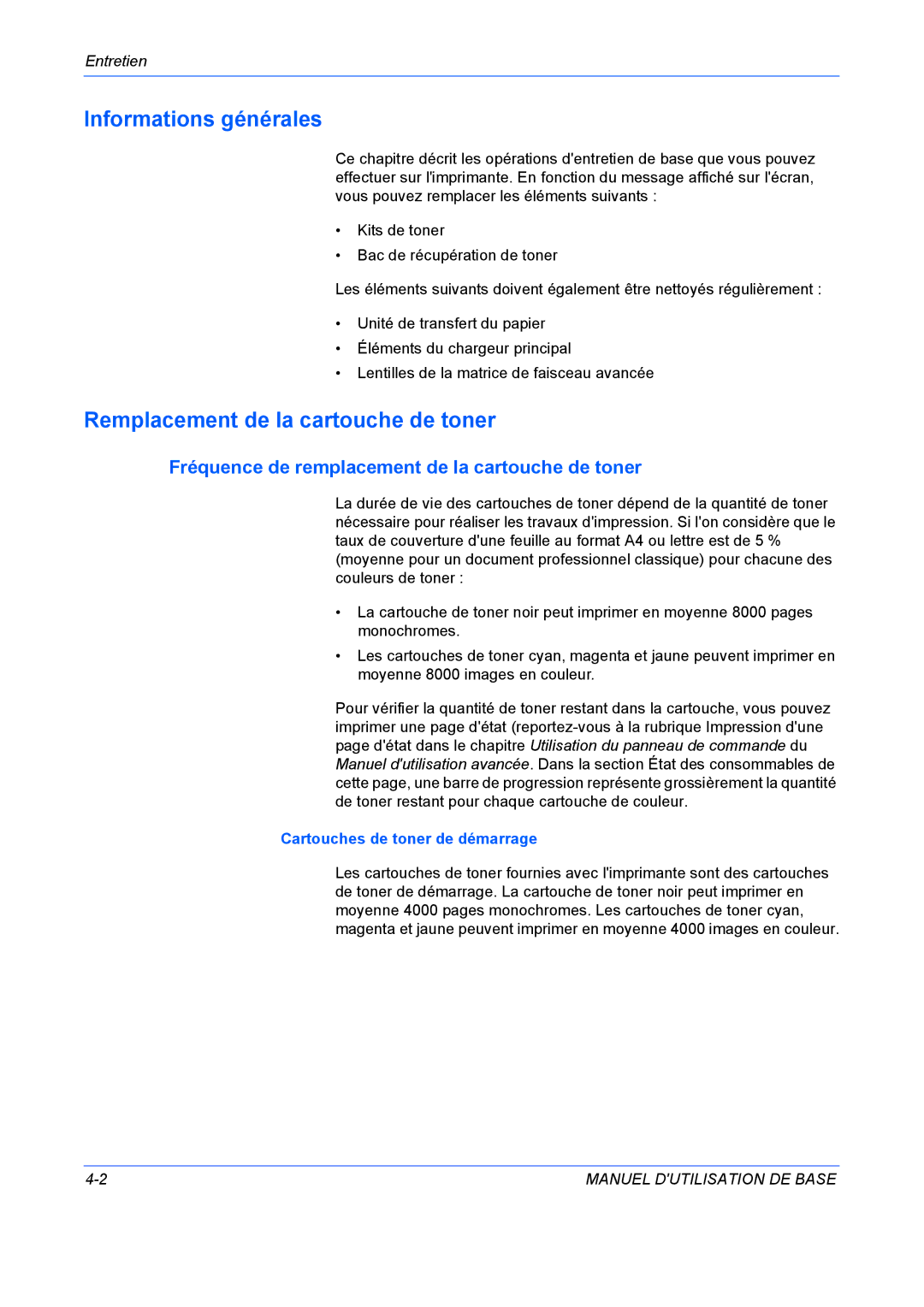 Kyocera FS-C5020N manuel dutilisation Informations générales, Remplacement de la cartouche de toner, Entretien 