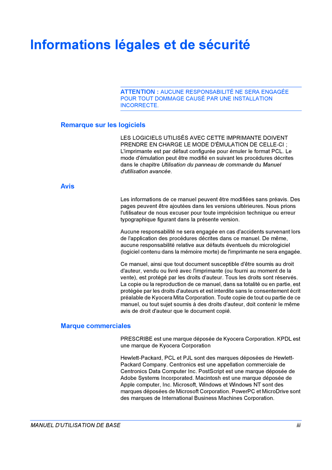 Kyocera FS-C5020N manuel dutilisation Remarque sur les logiciels, Avis, Marque commerciales, Iii 