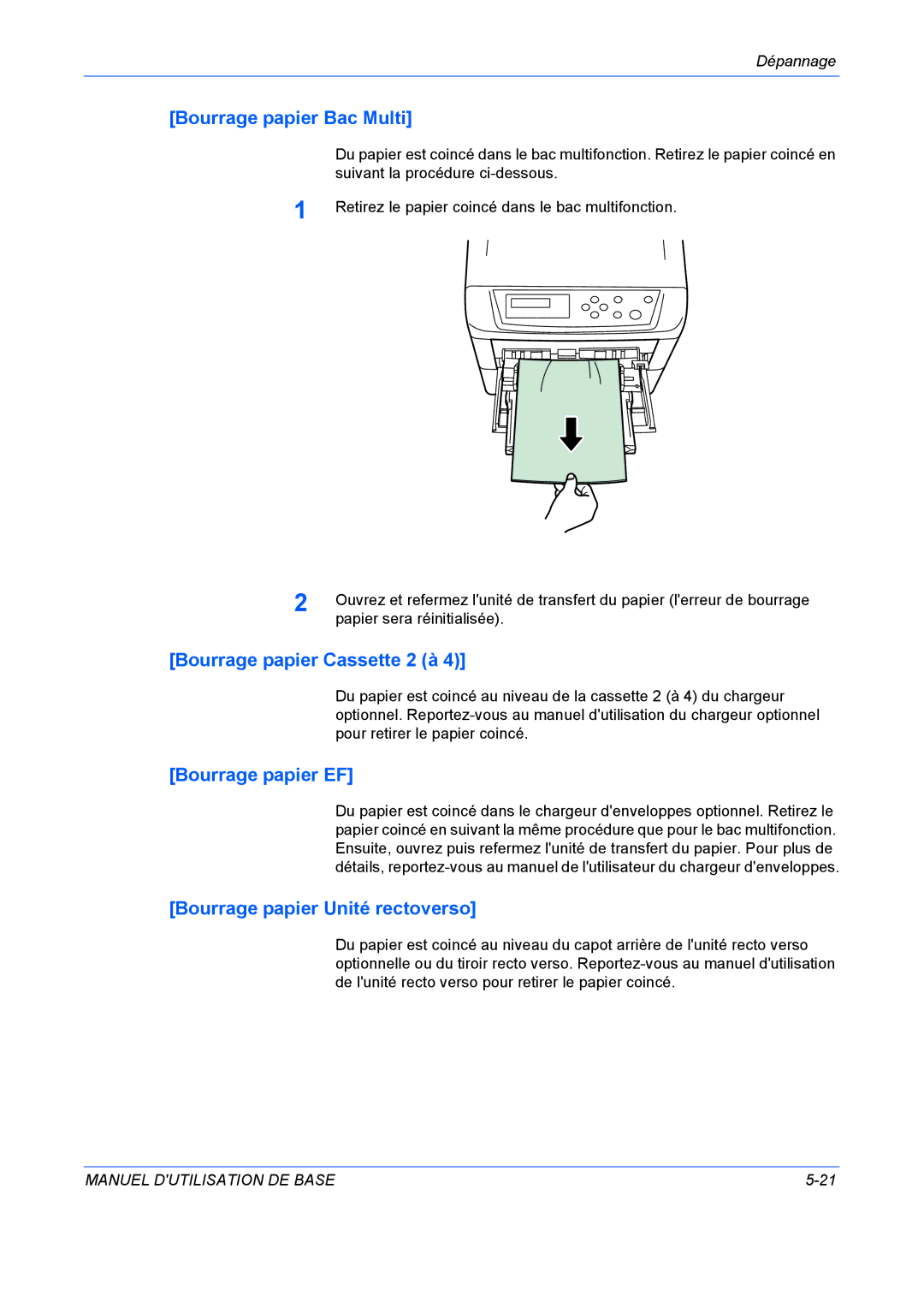 Kyocera FS-C5020N manuel dutilisation Bourrage papier Bac Multi, Bourrage papier Cassette 2 à, Bourrage papier EF 