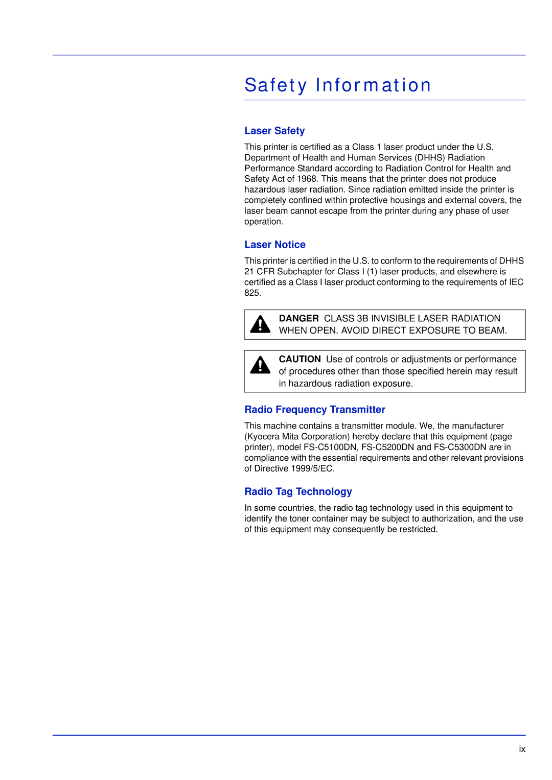 Kyocera FS-C5200DN manual Safety Information, Laser Safety, Laser Notice, Radio Frequency Transmitter, Radio Tag Technology 