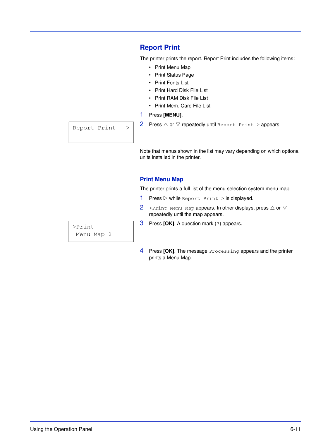 Kyocera FS-C5300DN, FS-C5200DN, FS-C5100DN manual Report Print, Print Menu Map ? 