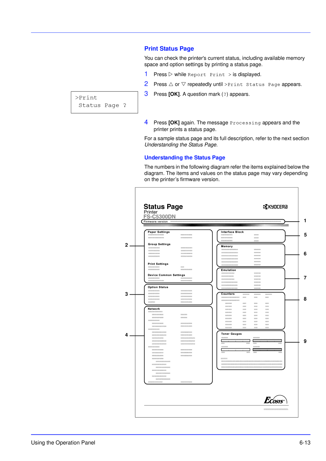 Kyocera FS-C5100DN, FS-C5300DN manual Print Status Page ?, Understanding the Status, On the printer’s firmware version 