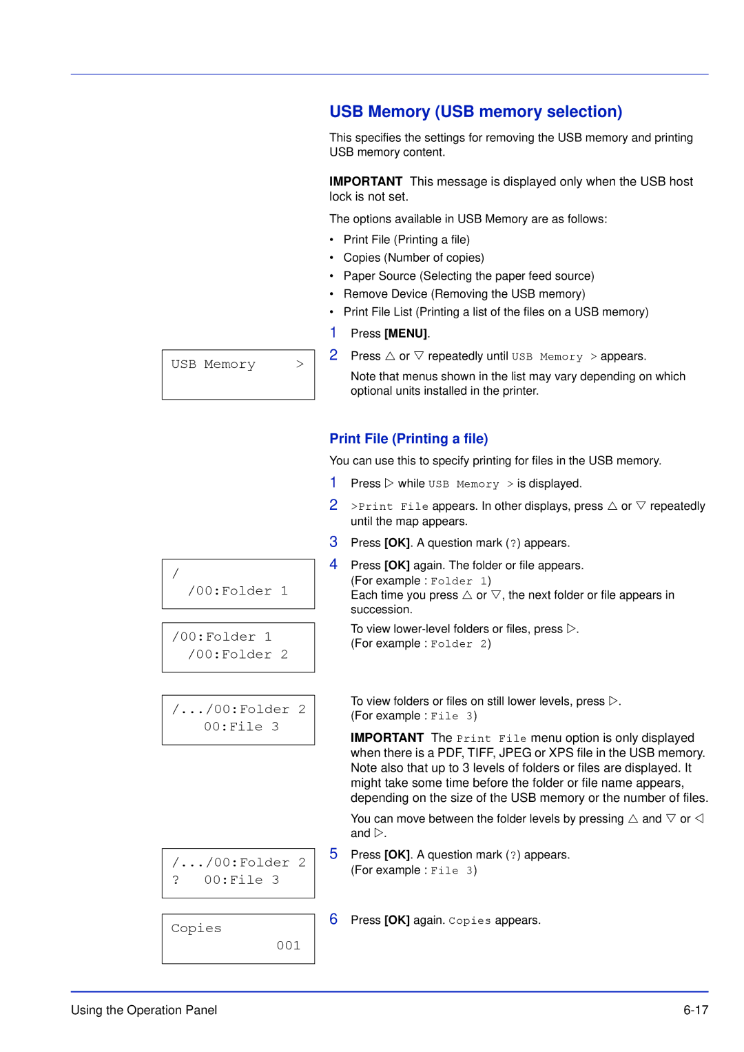 Kyocera FS-C5300DN USB Memory USB memory selection, 00Folder 2 00File ? 00File Copies 001, Print File Printing a file 