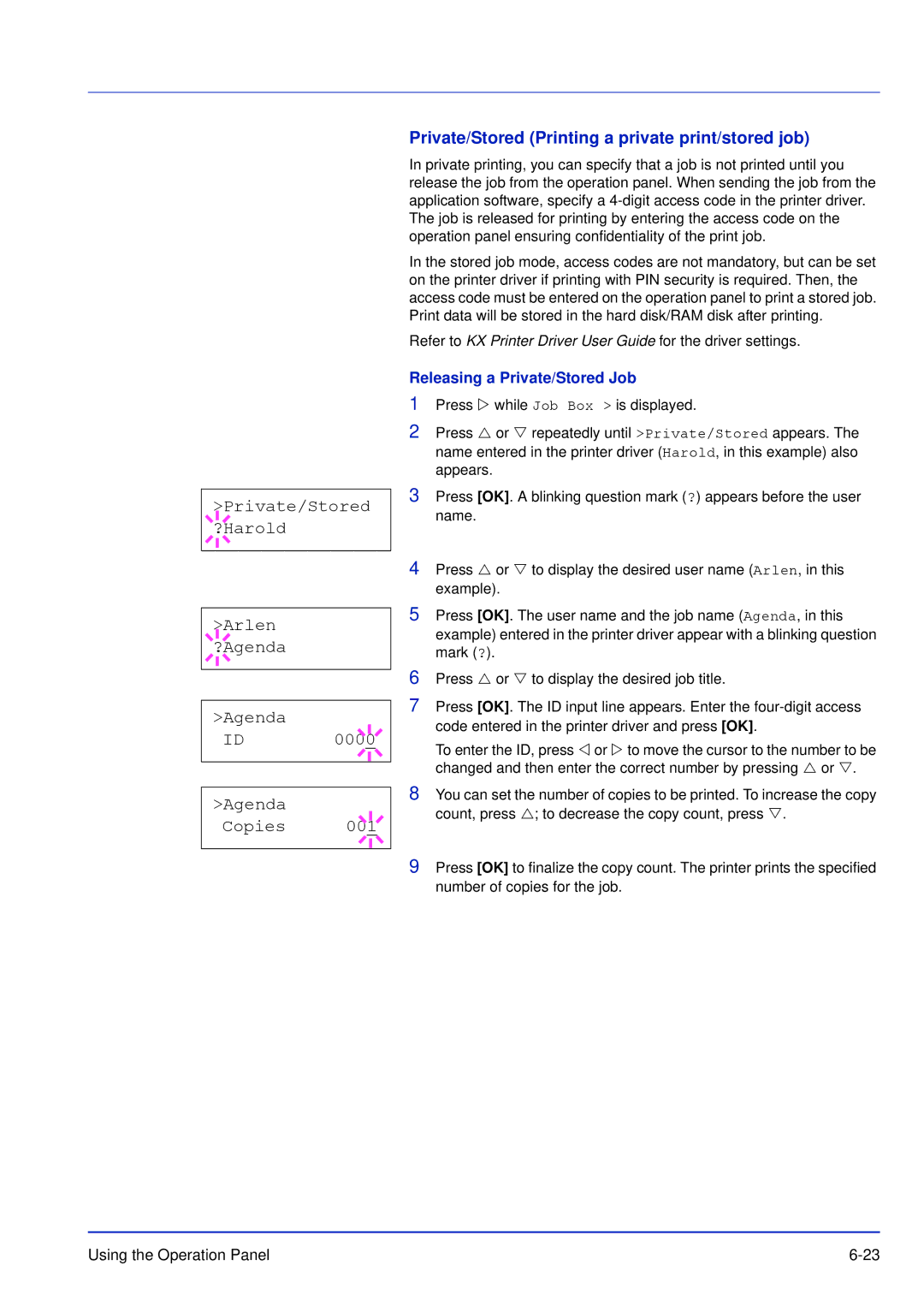 Kyocera FS-C5300DN manual Private/Stored ?Harold Arlen ?Agenda Copies, Private/Stored Printing a private print/stored job 