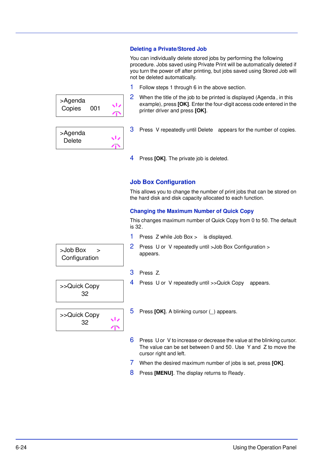 Kyocera FS-C5200DN manual Agenda Copies Agenda Delete, Job Box Configuration Quick Copy, Deleting a Private/Stored Job 