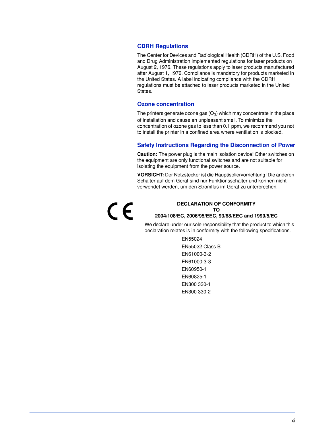 Kyocera FS-C5300DN manual Cdrh Regulations, Ozone concentration, Safety Instructions Regarding the Disconnection of Power 