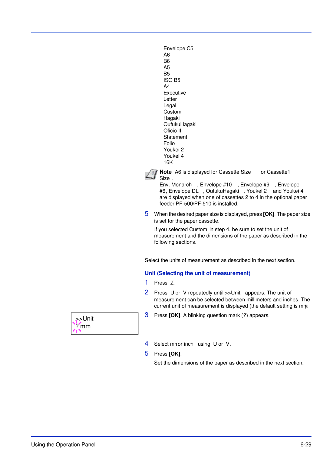 Kyocera FS-C5300DN, FS-C5200DN, FS-C5100DN manual Unit ? mm, Unit Selecting the unit of measurement 