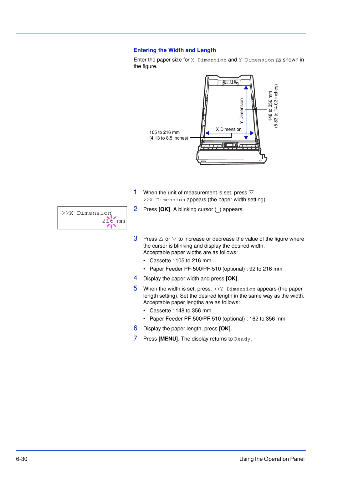 Kyocera FS-C5200DN, FS-C5300DN, FS-C5100DN manual Dimension 216 mm, Entering the Width and Length 