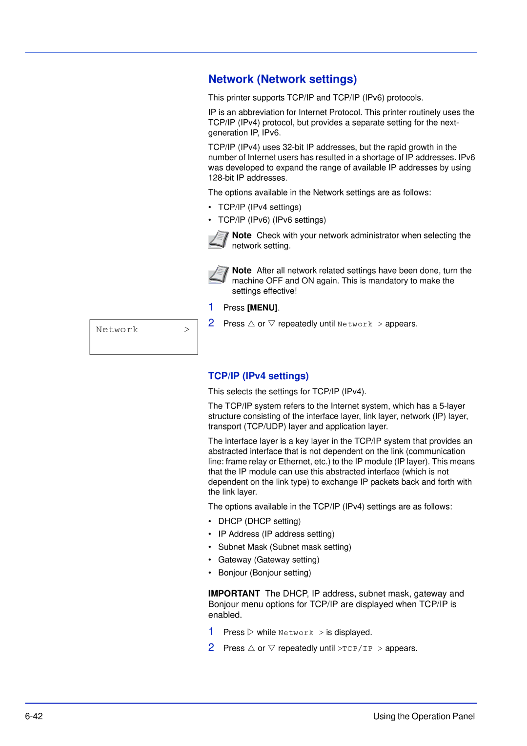 Kyocera FS-C5200DN, FS-C5300DN, FS-C5100DN manual Network Network settings, TCP/IP IPv4 settings 