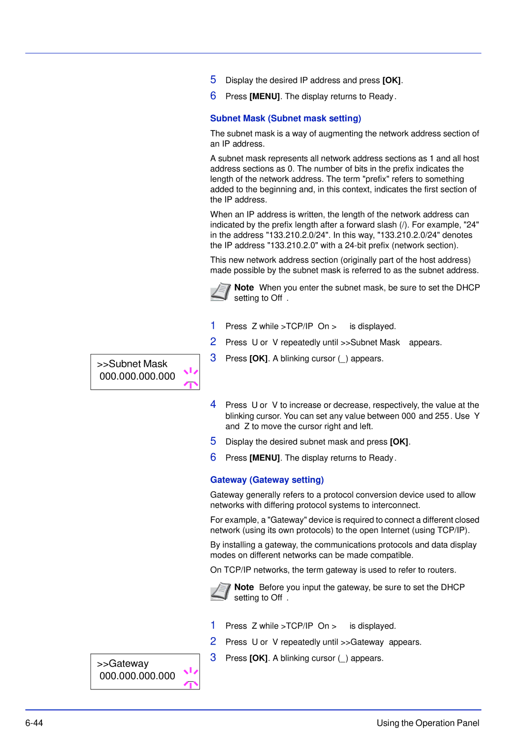 Kyocera FS-C5300DN, FS-C5200DN, FS-C5100DN Subnet Mask Gateway, Subnet Mask Subnet mask setting, Gateway Gateway setting 