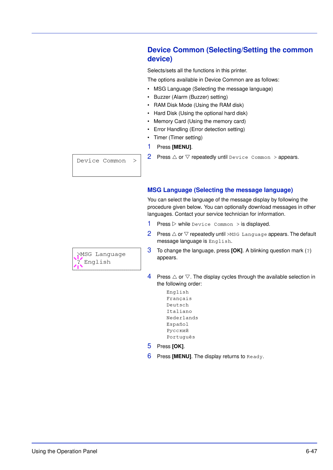 Kyocera FS-C5300DN, FS-C5200DN Device Common Selecting/Setting the common device, Device Common MSG Language ? English 