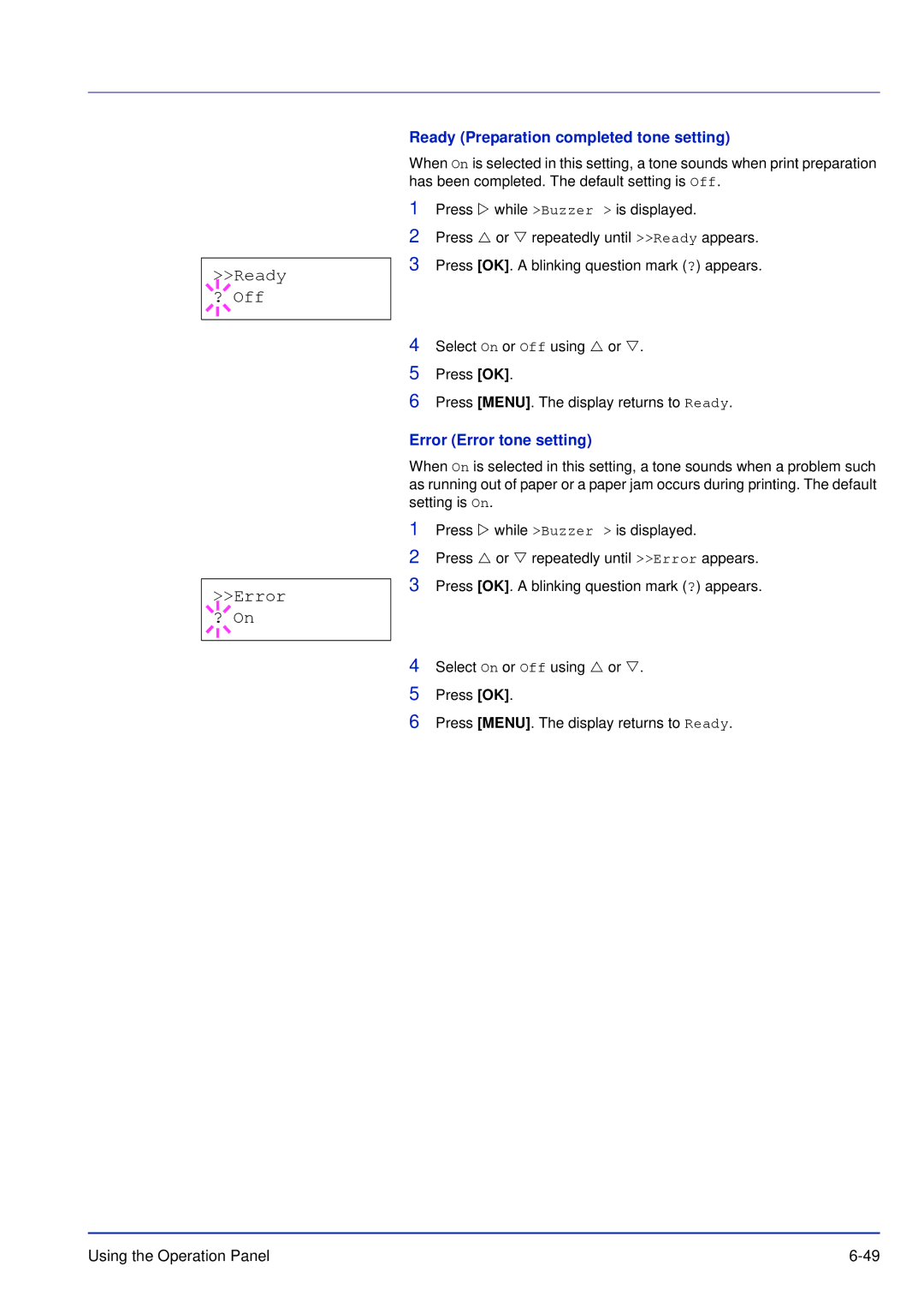 Kyocera FS-C5100DN, FS-C5300DN Ready ? Off Error ? On, Ready Preparation completed tone setting, Error Error tone setting 