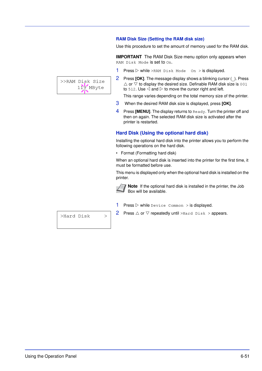 Kyocera FS-C5200DN, FS-C5300DN, FS-C5100DN manual RAM Disk Size 119 MByte, Hard Disk, RAM Disk Size Setting the RAM disk size 