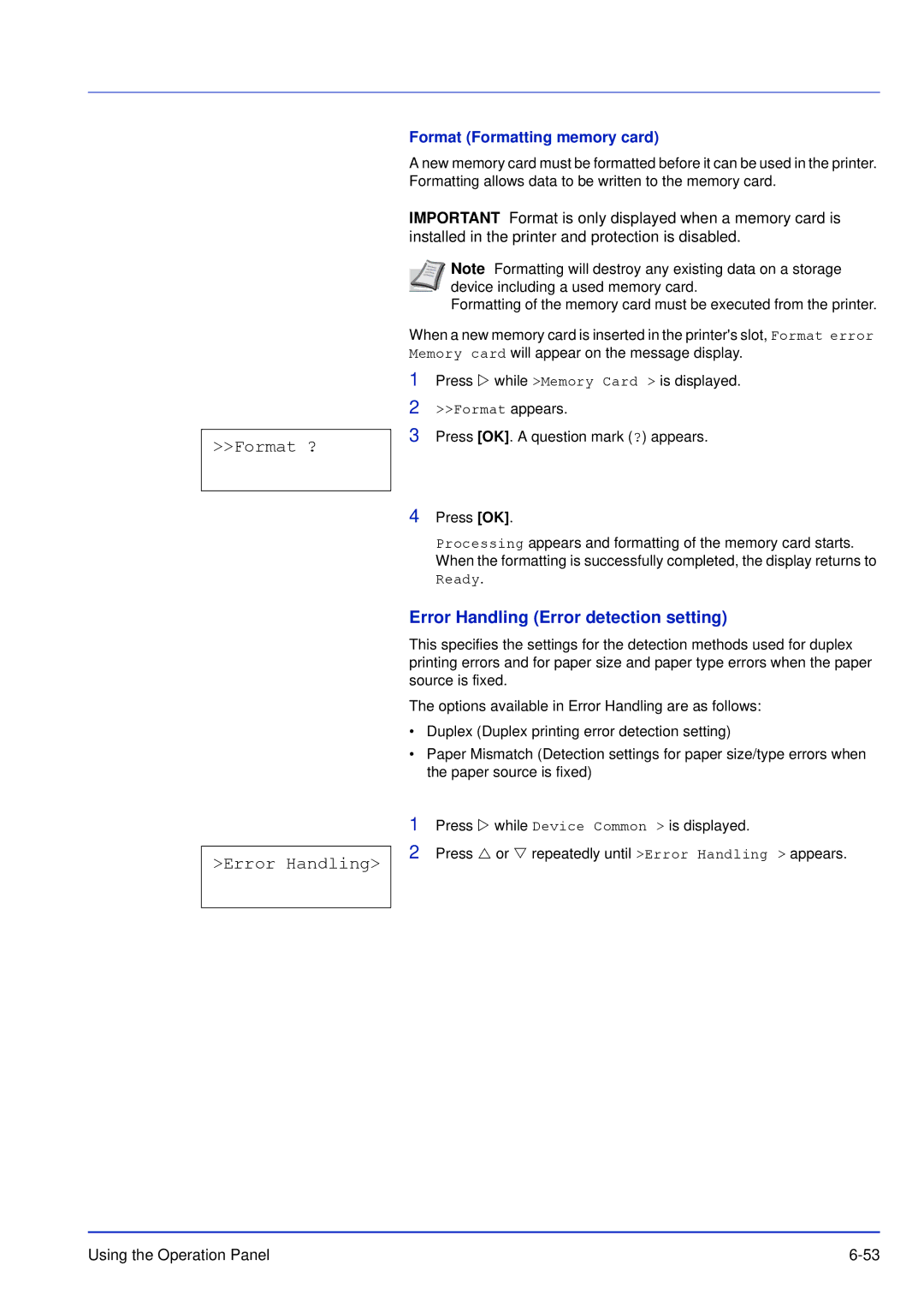 Kyocera FS-C5300DN, FS-C5200DN, FS-C5100DN manual Error Handling Error detection setting, Format Formatting memory card 