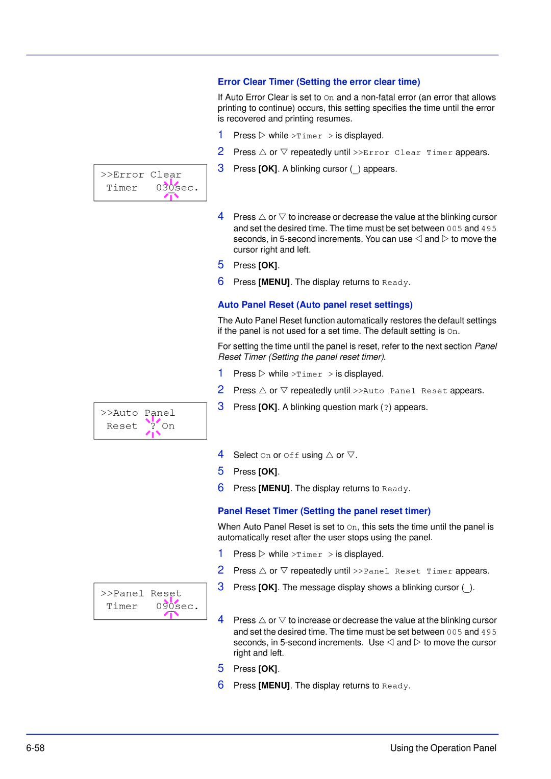 Kyocera FS-C5100DN, FS-C5300DN Error Clear Timer Setting the error clear time, Auto Panel Reset Auto panel reset settings 
