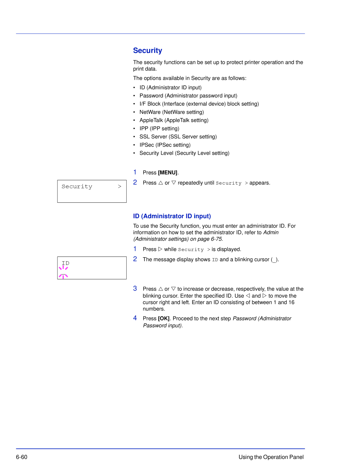 Kyocera FS-C5200DN, FS-C5300DN, FS-C5100DN manual Security, ID Administrator ID input 