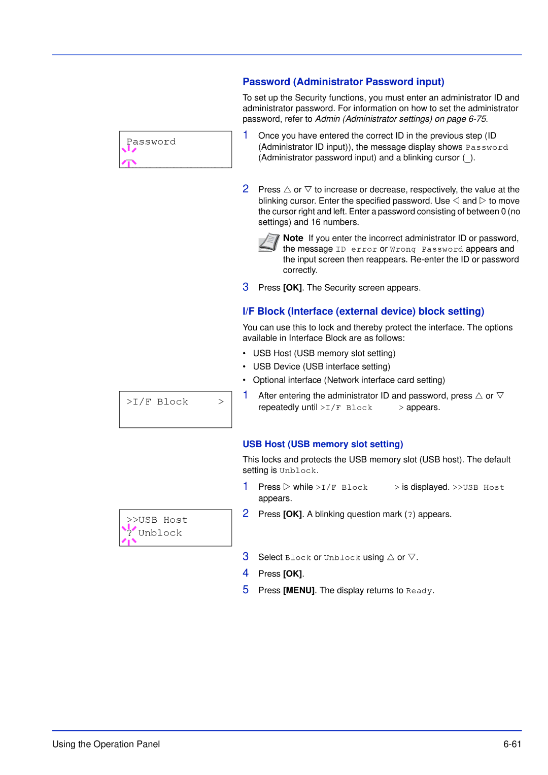 Kyocera FS-C5100DN, FS-C5300DN, FS-C5200DN manual Password Block USB Host ? Unblock, Password Administrator Password input 