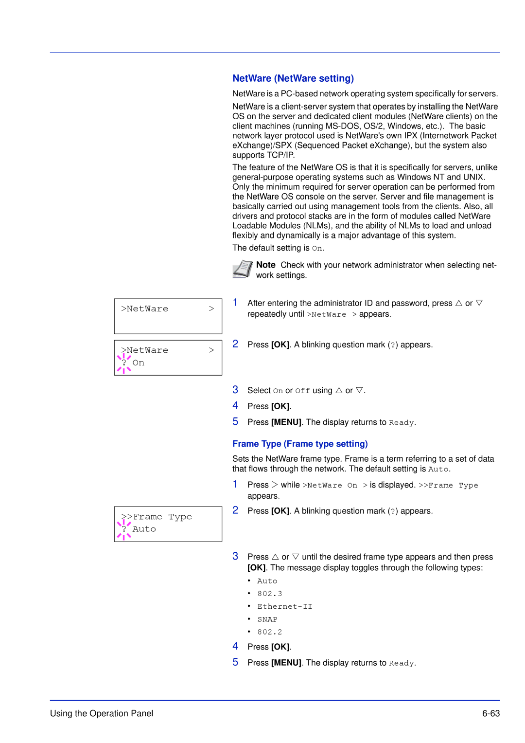 Kyocera FS-C5200DN, FS-C5300DN manual NetWare ? On Frame Type ? Auto, NetWare NetWare setting, Frame Type Frame type setting 