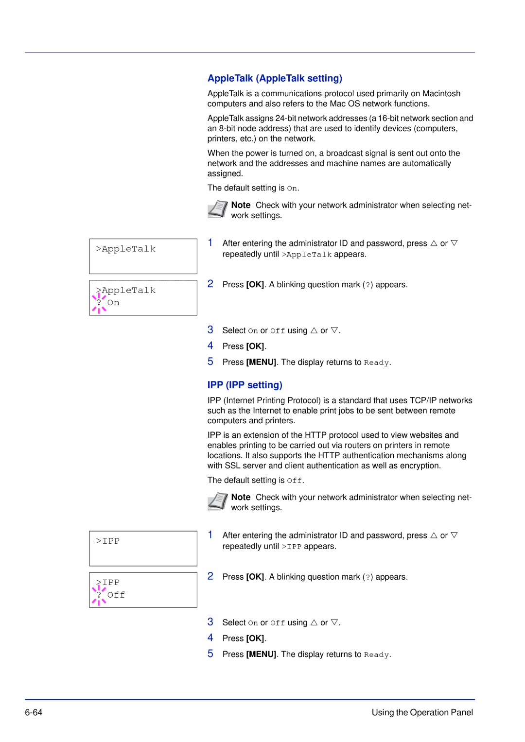 Kyocera FS-C5100DN, FS-C5300DN manual AppleTalk AppleTalk ? On, IPP ? Off, AppleTalk AppleTalk setting, IPP IPP setting 