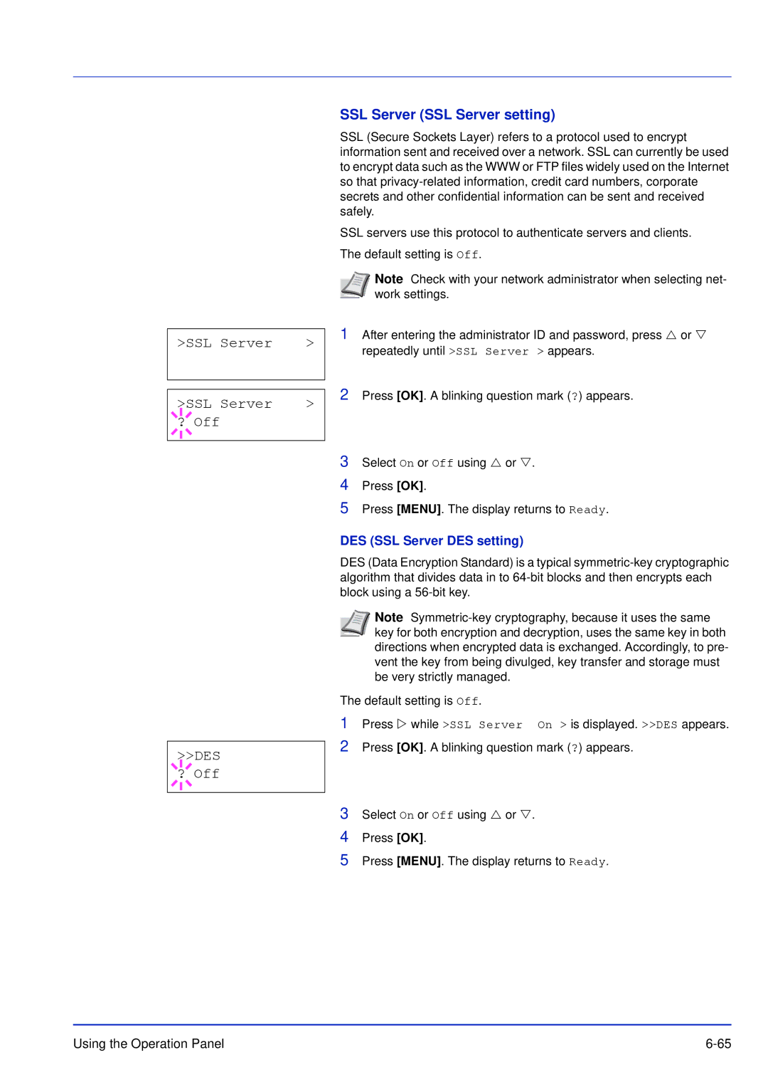 Kyocera FS-C5300DN, FS-C5200DN manual SSL Server ? Off DES ? Off, SSL Server SSL Server setting, DES SSL Server DES setting 