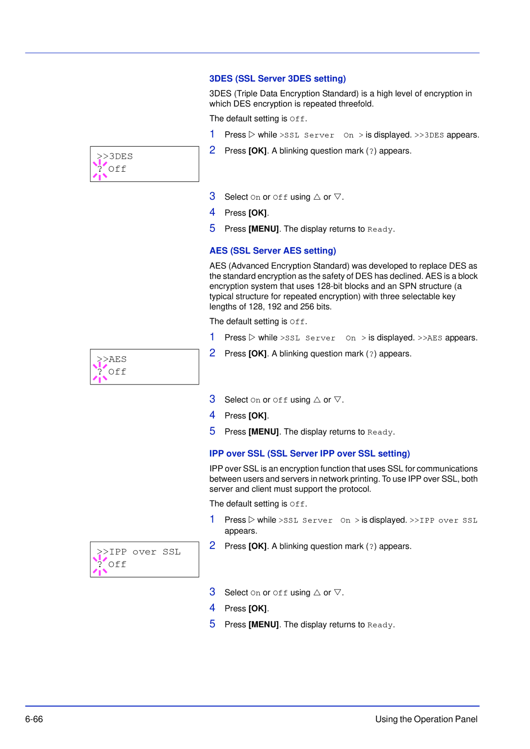 Kyocera FS-C5200DN manual 3DES ? Off AES ? Off IPP over SSL ? Off, 3DES SSL Server 3DES setting, AES SSL Server AES setting 
