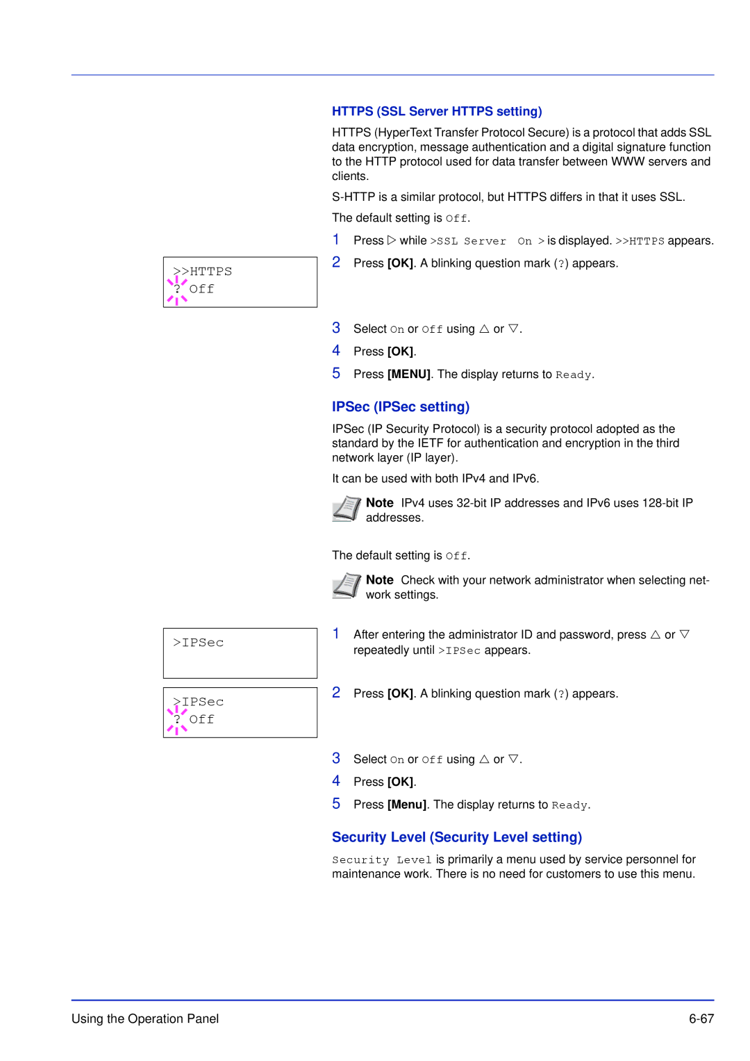 Kyocera FS-C5100DN, FS-C5300DN Https ? Off IPSec IPSec ? Off, IPSec IPSec setting, Security Level Security Level setting 