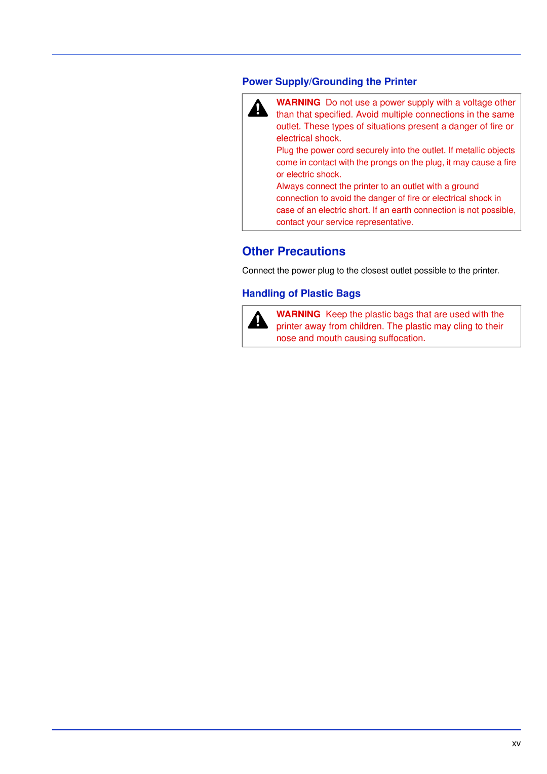 Kyocera FS-C5200DN, FS-C5300DN, FS-C5100DN Other Precautions, Power Supply/Grounding the Printer, Handling of Plastic Bags 