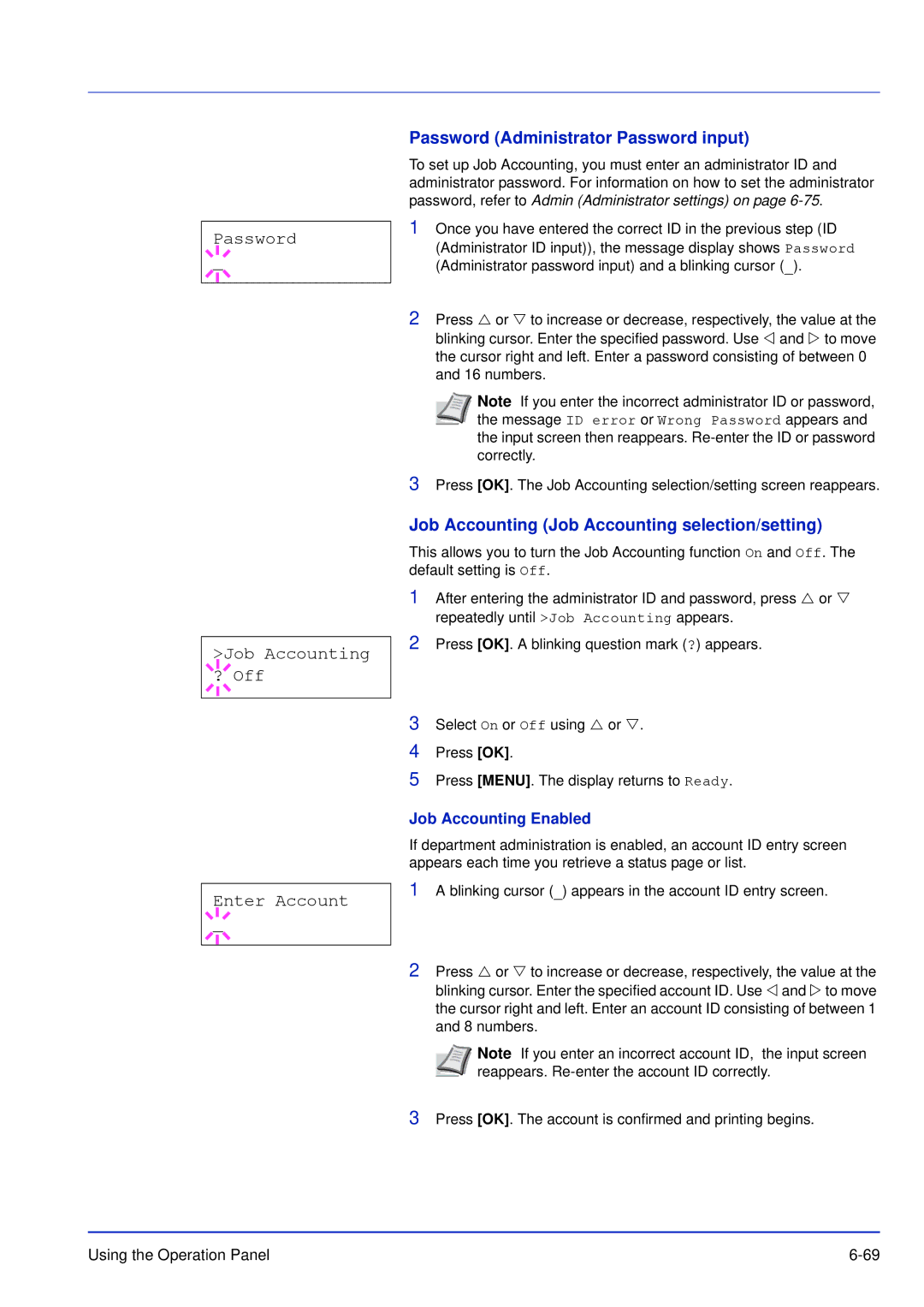 Kyocera FS-C5200DN, FS-C5300DN, FS-C5100DN manual Password Job Accounting ? Off Enter Account, Job Accounting Enabled 