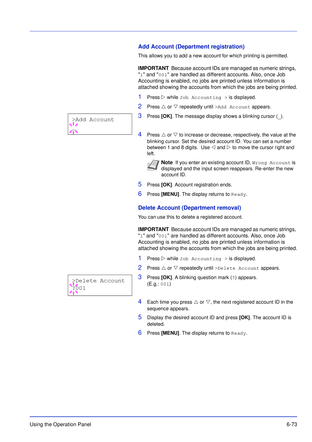 Kyocera FS-C5100DN Add Account Delete Account ?001, Add Account Department registration, Delete Account Department removal 